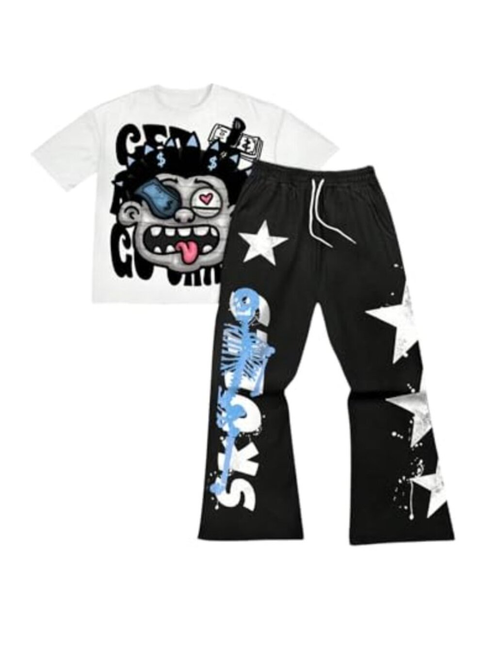 Y2K 2 Piece Graphic Tee and Pants Rave Tracksuit Set Streetwear Oversized